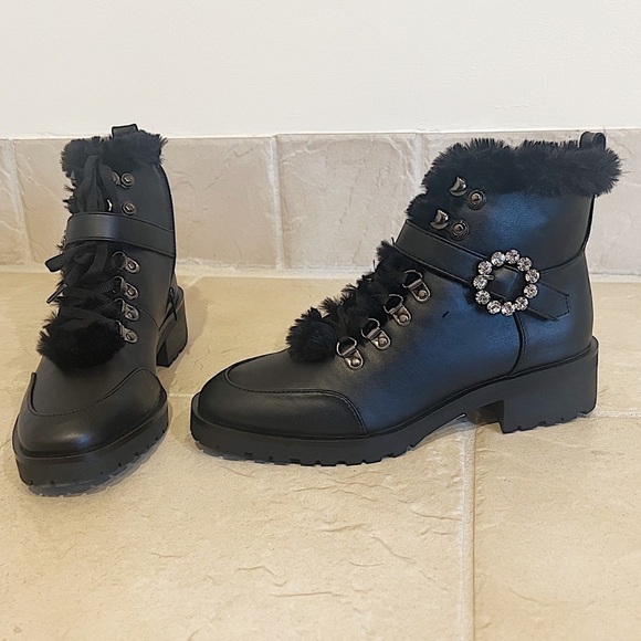 🆕 Nanette Lepore Imane faux fur leather lace up ankle boots rhinestone b… - Picture 2 of 10